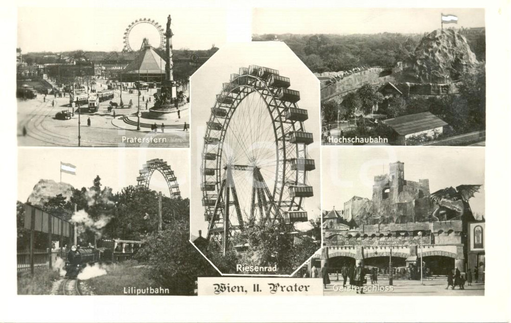 Cartolina originale da collezione 1930 ca WIEN Vedutine RIESENRAD PRATERSTERN GEISTERSCHLOSS ANIMATA FP NV 1