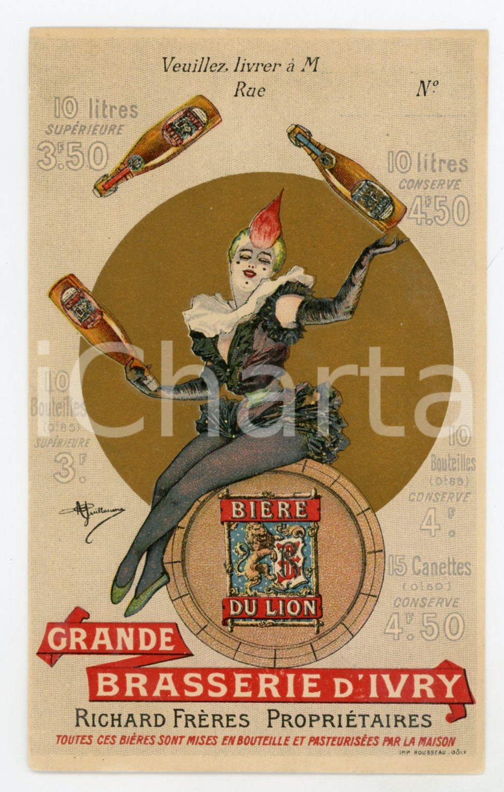 1910 IVRY-SUR-SEINE Grande Brasserie d'Ivry - Biere du Lion *Carte A. GUILLAUME  Pregevole e rara cartolina postale pubblicitaria d'epoca, illustrata a colori, non viaggiata.Opera dell'illustratore A. Guillaume.CONDIZIONI: GFORMATO: FP    originale e autentica 1