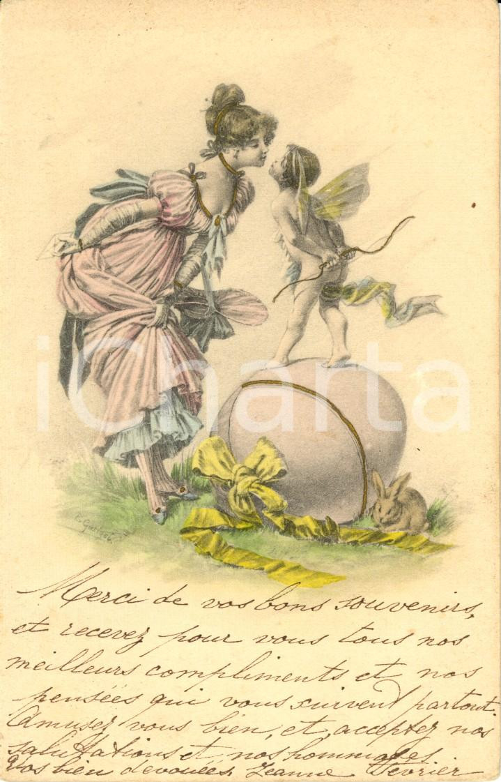 Cartolina originale da collezione 1902 PASQUA Amorino bacia una dama Augurale FP VG 1