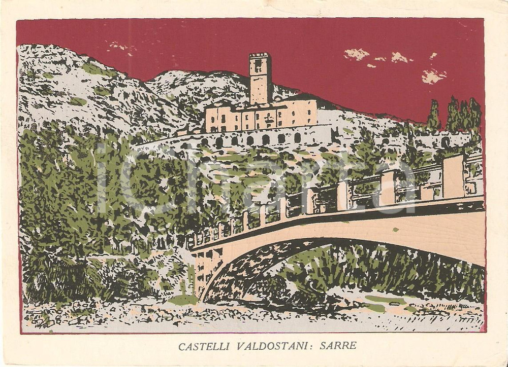 Cartolina originale da collezione 1975 ca SARRE AO Panorama con castello Cartoncino ILLUSTRATO 1