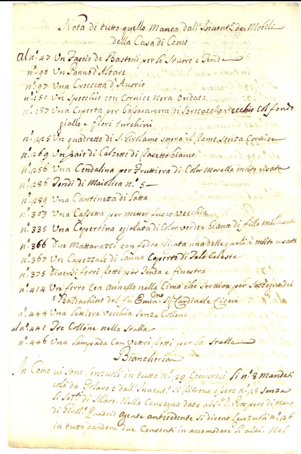 Documento originale, autentico 1750 ca COMO Inventario biancheria mancante in una nobile casa Manoscritto 1