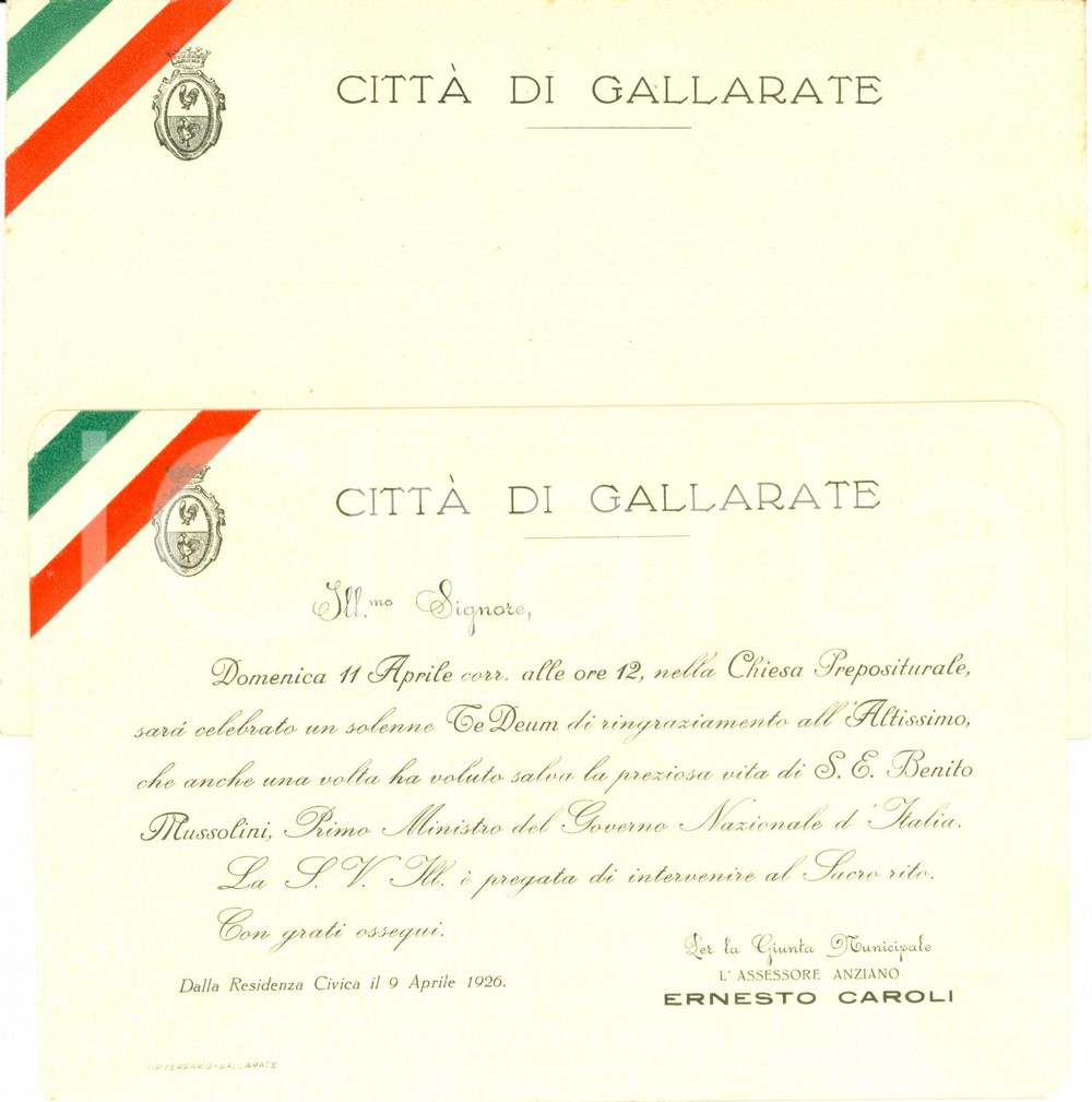 Documento originale, autentico 1926 GALLARATE VA Te Deum per salvezza Benito MUSSOLINI Biglietto 1