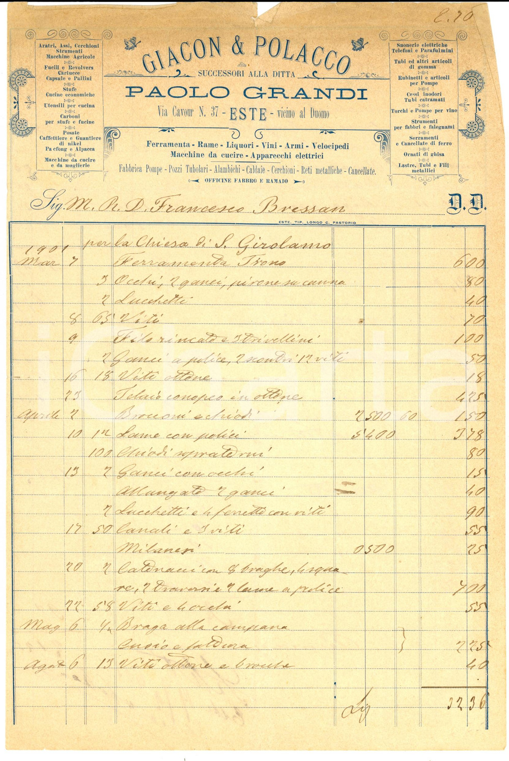 Documento originale, autentico 1903 ESTE PD GIACON & POLACCO Ferramenta  Successori Paolo GRANDI Fattura 1