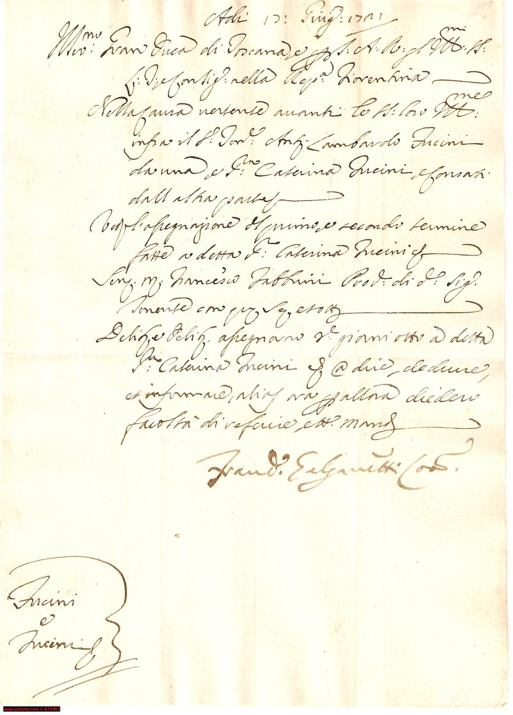 Documento originale, autentico 1721 FIRENZE Lite ereditaria Lambardo e Caterina FUCINI 1