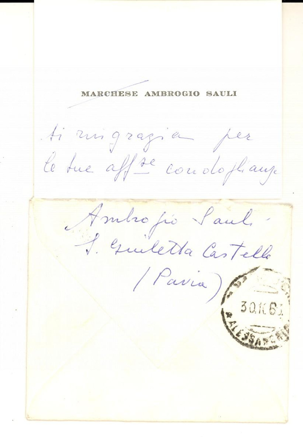 Autografo originale 1960 ca SANTA GIULETTA (PV) Biglietto marchese Ambrogio SAULI *Autografo 1