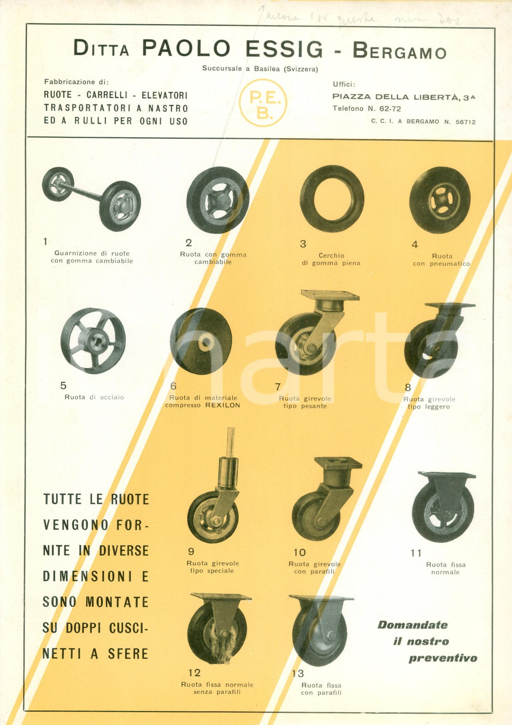 Materiale pubblicitario d’epoca 1950 ca BERGAMO Ditta Paolo ESSIG ruote carrelli elevatori Opuscolo ILLUSTRATO 1