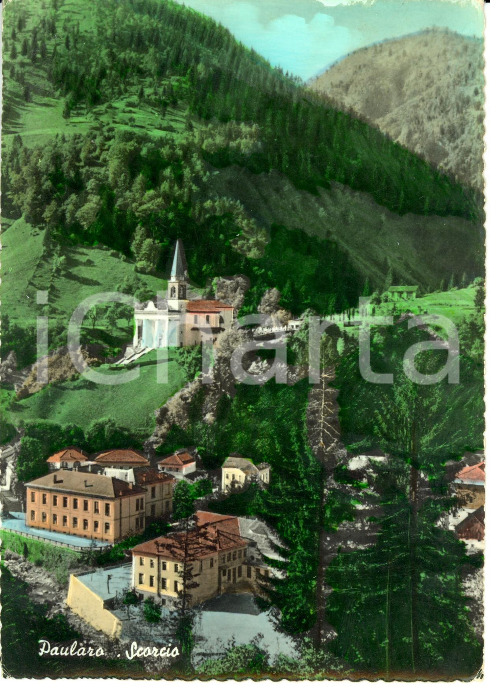 Cartolina originale da collezione 1955 ca PAULARO (UD) Panorama e cappella SANTI FABIANO e SEBASTIANO *FG VG 1