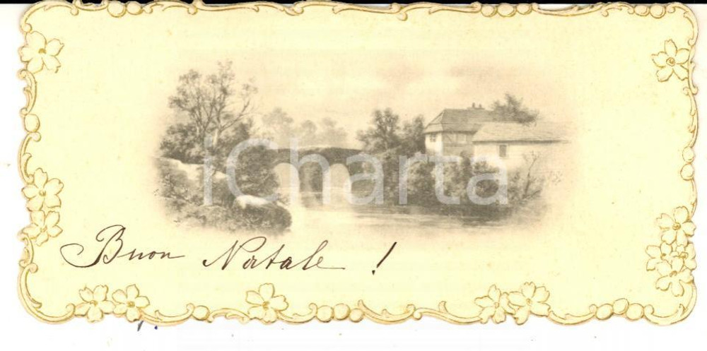 Cartolina originale da collezione 1910 ca Biglietto BUON NATALE con paesaggio rurale VINTAGE 12x5 cm 1
