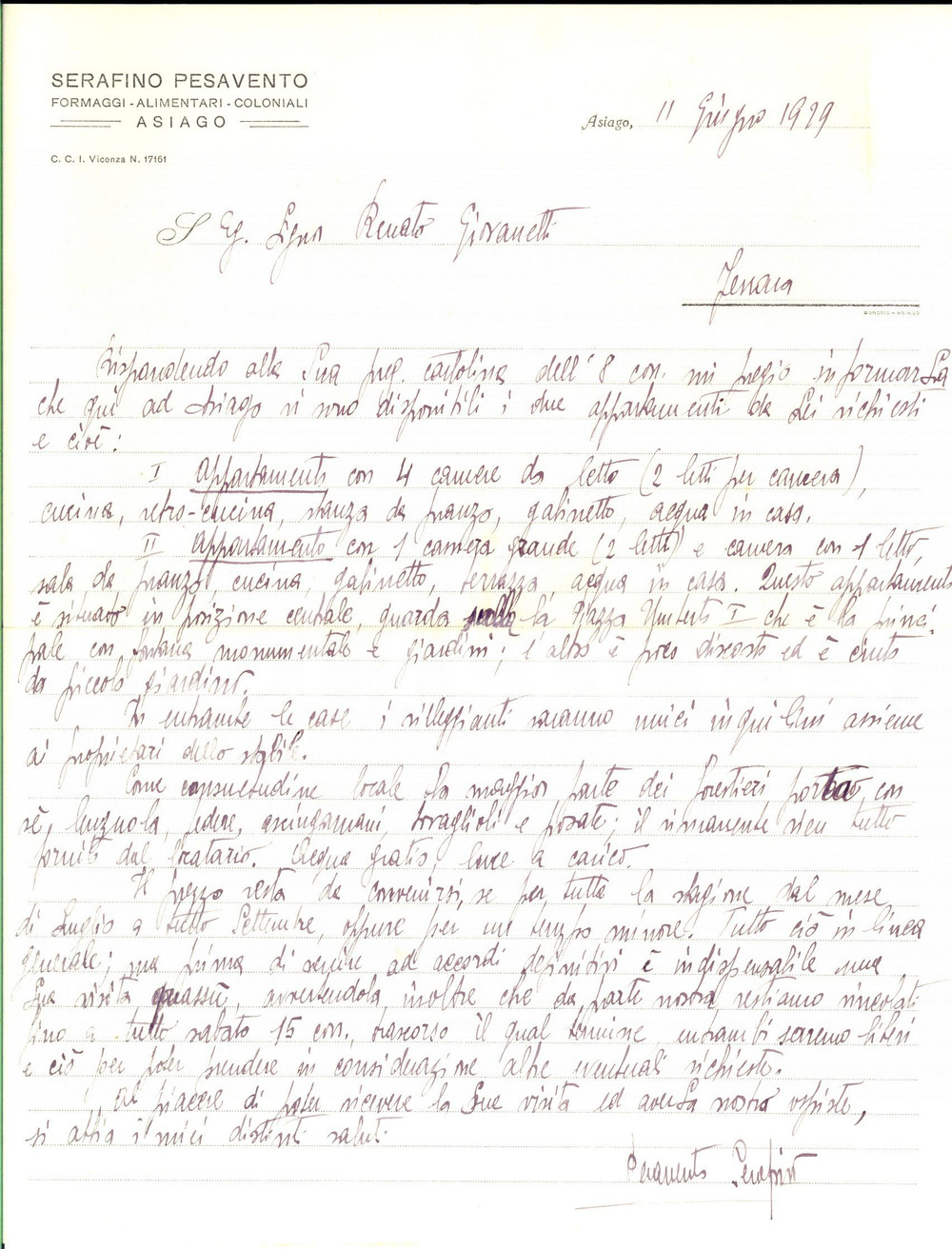 Manoscritto, lettera originale 1929 ASIAGO VI Formaggi Serafino PESAVENTO Lettera per locazione a forestieri 1