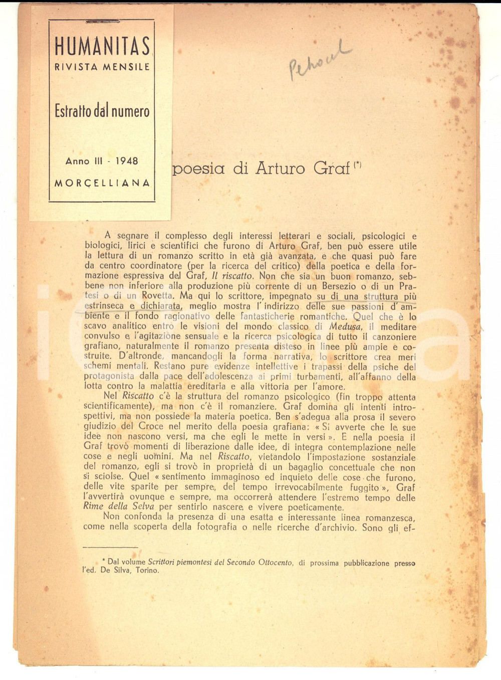 Libro, pubblicazione d epoca 1948 Giorgio PETROCCHI La poesia di Arturo Graf  Estratto Humanitas 1