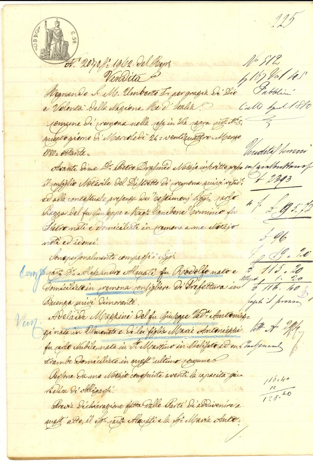 Documento originale, autentico 1880 CAVALLARA CR Adelaide MAZZINI vende terra ad Alessandro ALQUATI 1
