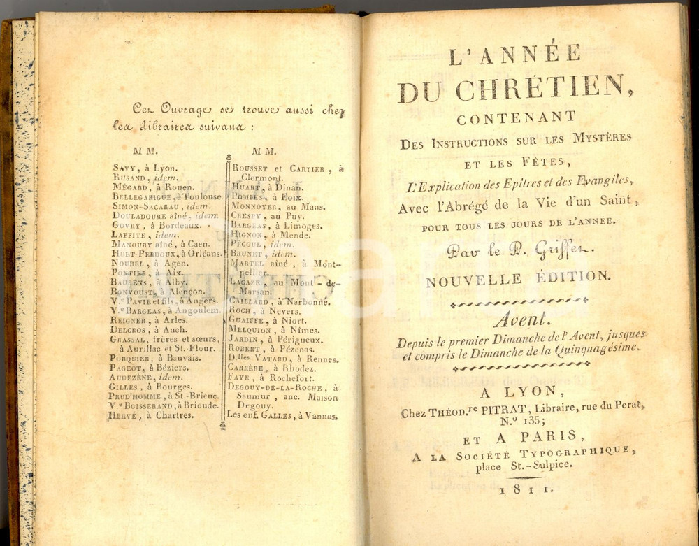 Libro, pubblicazione d epoca 1811 Henri GRIFFET L ANNEE DU CHRETIEN  Avent Ed. PITRAT  LYON 1