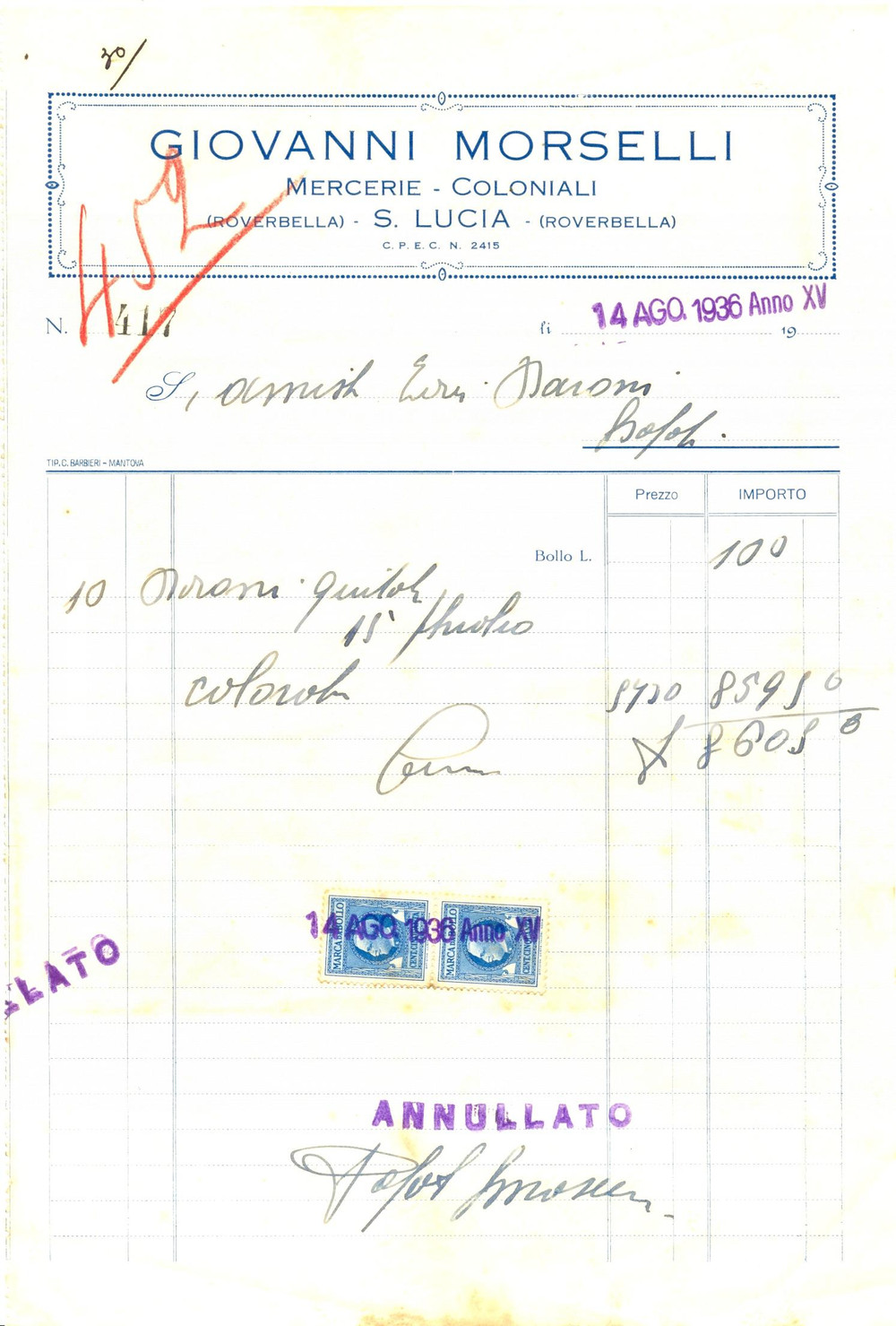 Documento originale, autentico 1936 ROVERBELLA MN Giovanni MORSELLI mercerie coloniali SANTA LUCIA Fattura 1