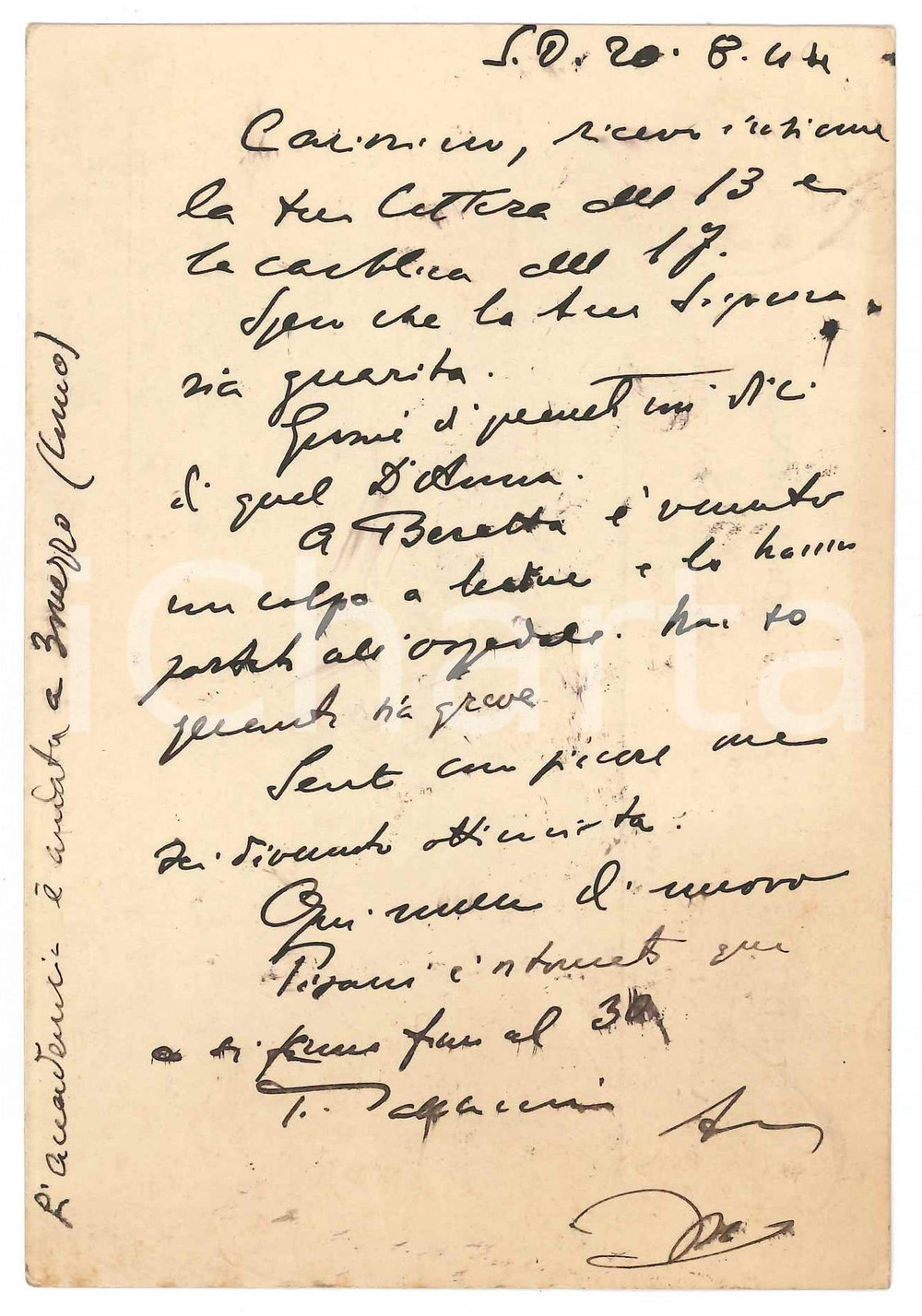 Autografo originale 1944 SAN DANIELE DEL FRIULI Vincenzo MANZINI  Cartolina a un amico AUTOGRAFO 1