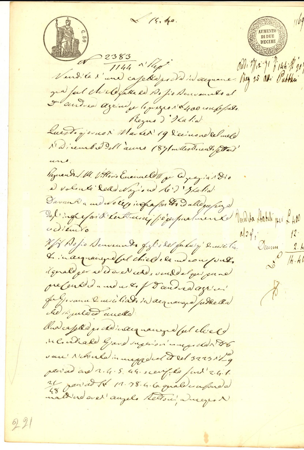 Documento originale, autentico 1871 ACQUANEGRA SUL CHIESE Benvenuto BOSIO vende casetta a don Andrea AGRINI 1