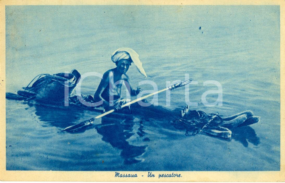 Cartolina originale da collezione 1936 MASSAUA (ERITREA) AOI Pescatore indigeno con turbante *Animata FP VG 1