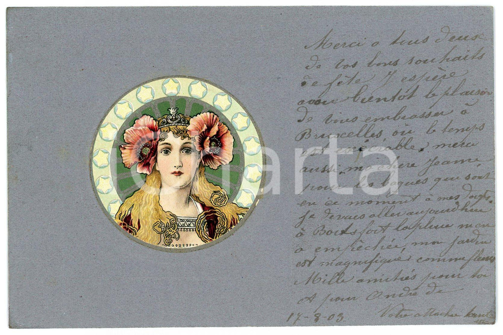 1903 ART NOUVEAU Blonde woman with floral crown - Embossed postcard  Cartolina postale d'epoca, illustrata, a rilievo, viaggiata (ma francobollo asportato).CONDIZIONI: G FORMATO: FP    originale e autentica 1