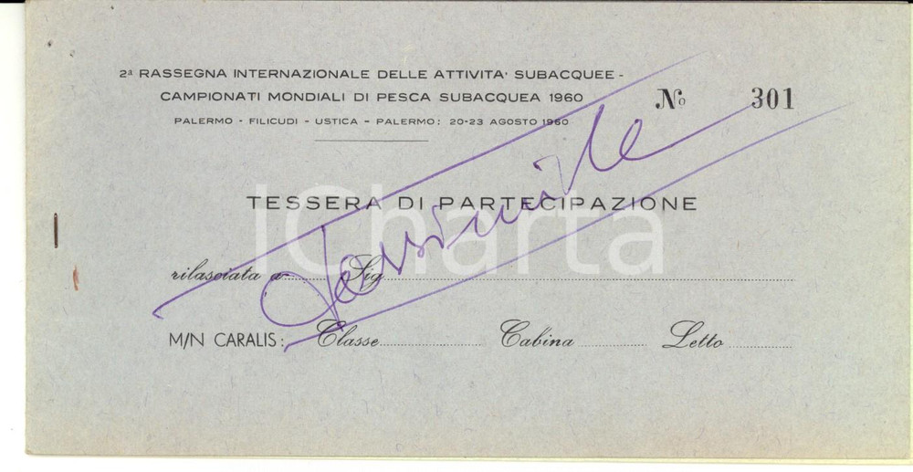 Materiale pubblicitario d’epoca 1960 PALERMO Mondiali PESCA SUBACQUEA Tessera e buoni per motonave CARALIS 1