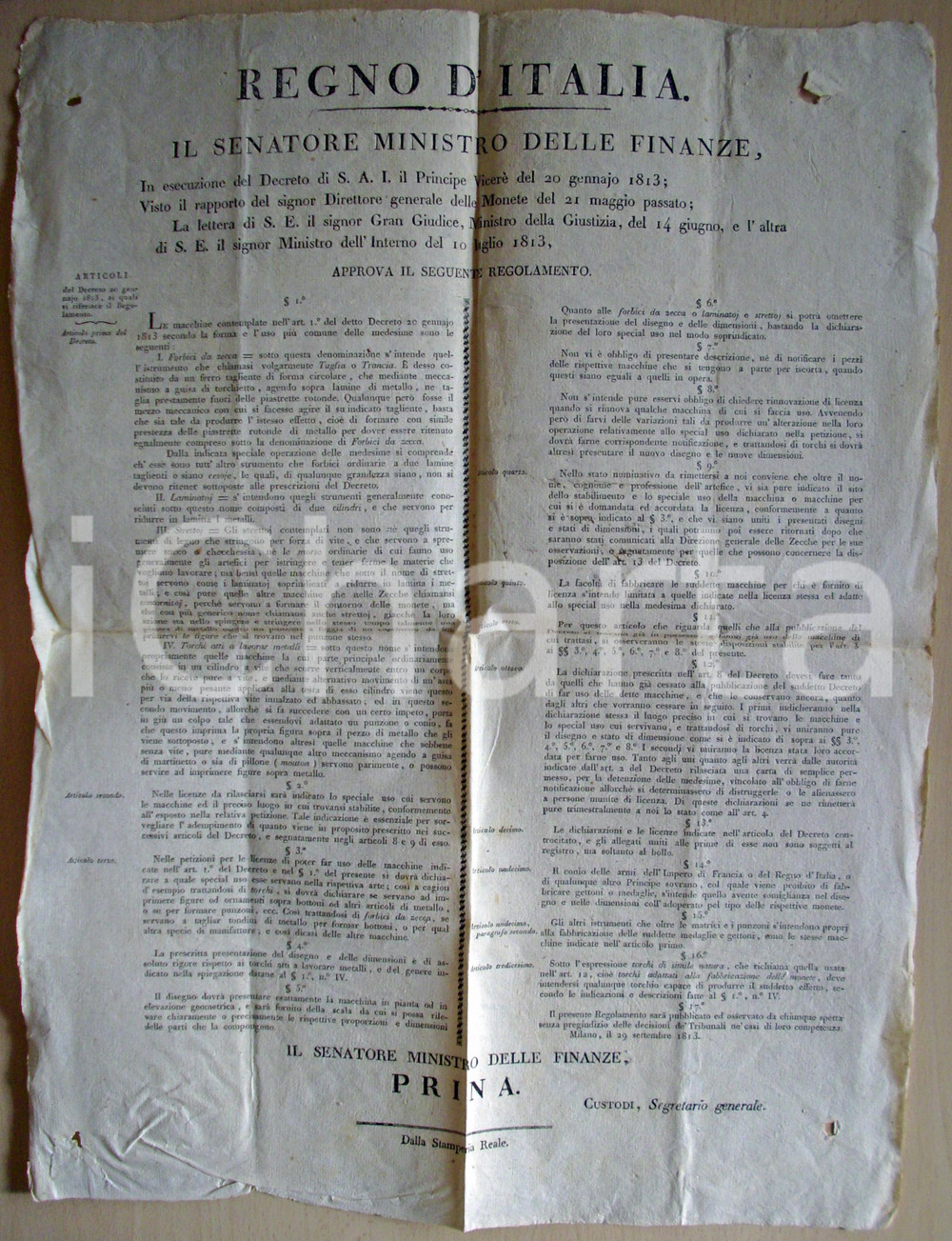 Documento originale, autentico 1813 MILANO Licenze forbici e torchi da Zecca Manifesto 1