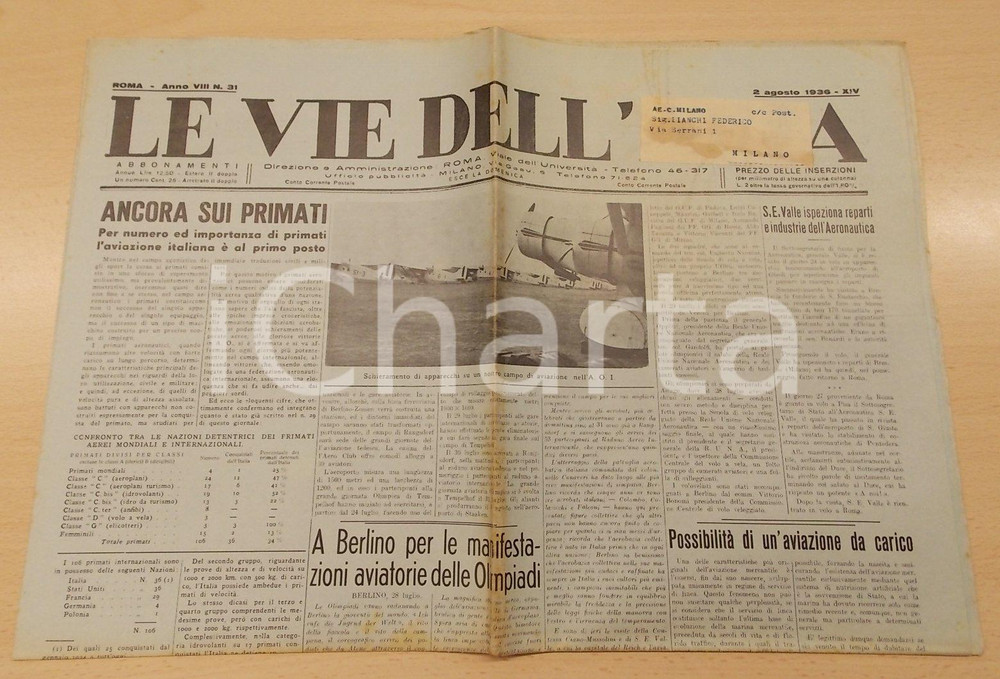 Giornale, rivista storica 1936 LE VIE DELL'ARIA Aviazione italiana prima mondiale alle OLIMPIADI BERLINO 1