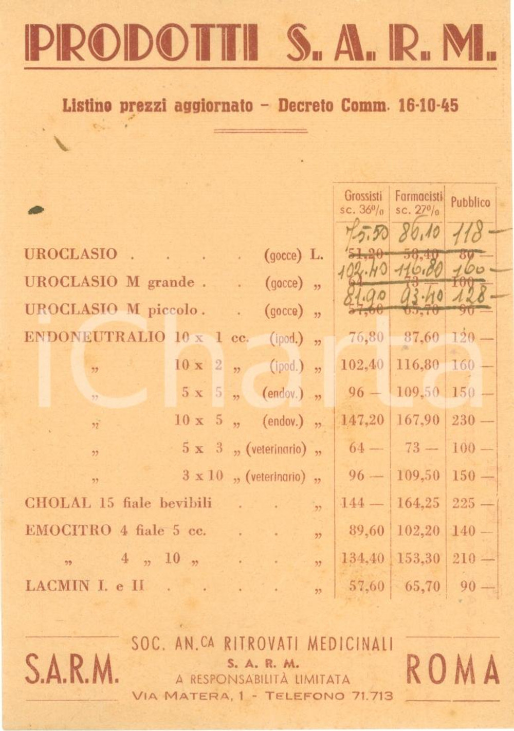 Materiale pubblicitario d’epoca 1945 ROMA Prodotti medicinali S.A.R.M. listino prezzi aggiornato Cartolina FG NV 1