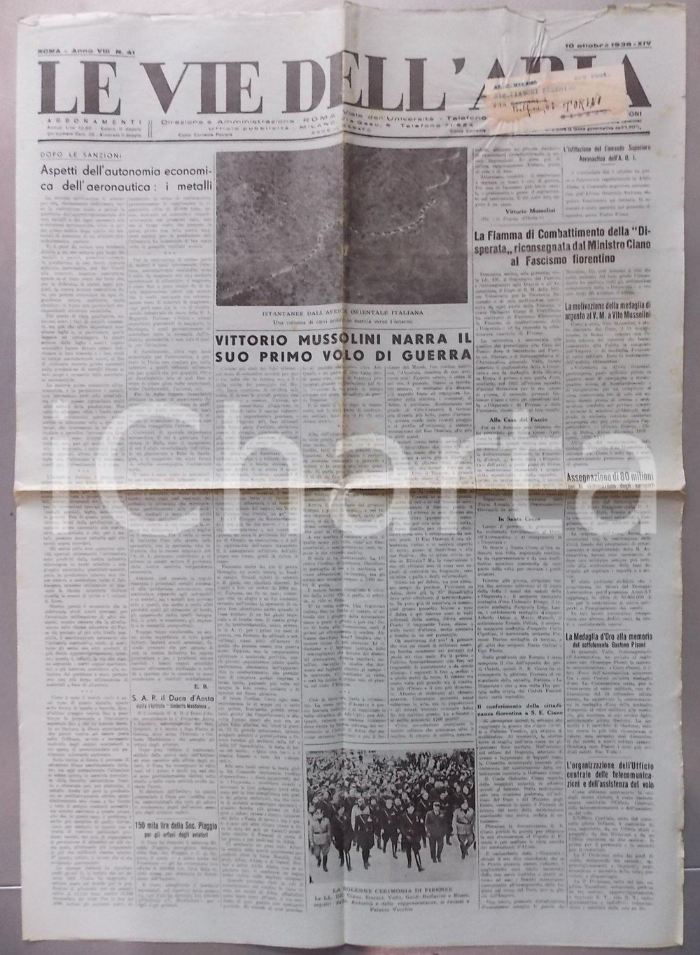 Giornale, rivista storica 1936 LE VIE DELL ARIA Vittorio MUSSOLINI narra primo volo di guerra in ETIOPIA 1