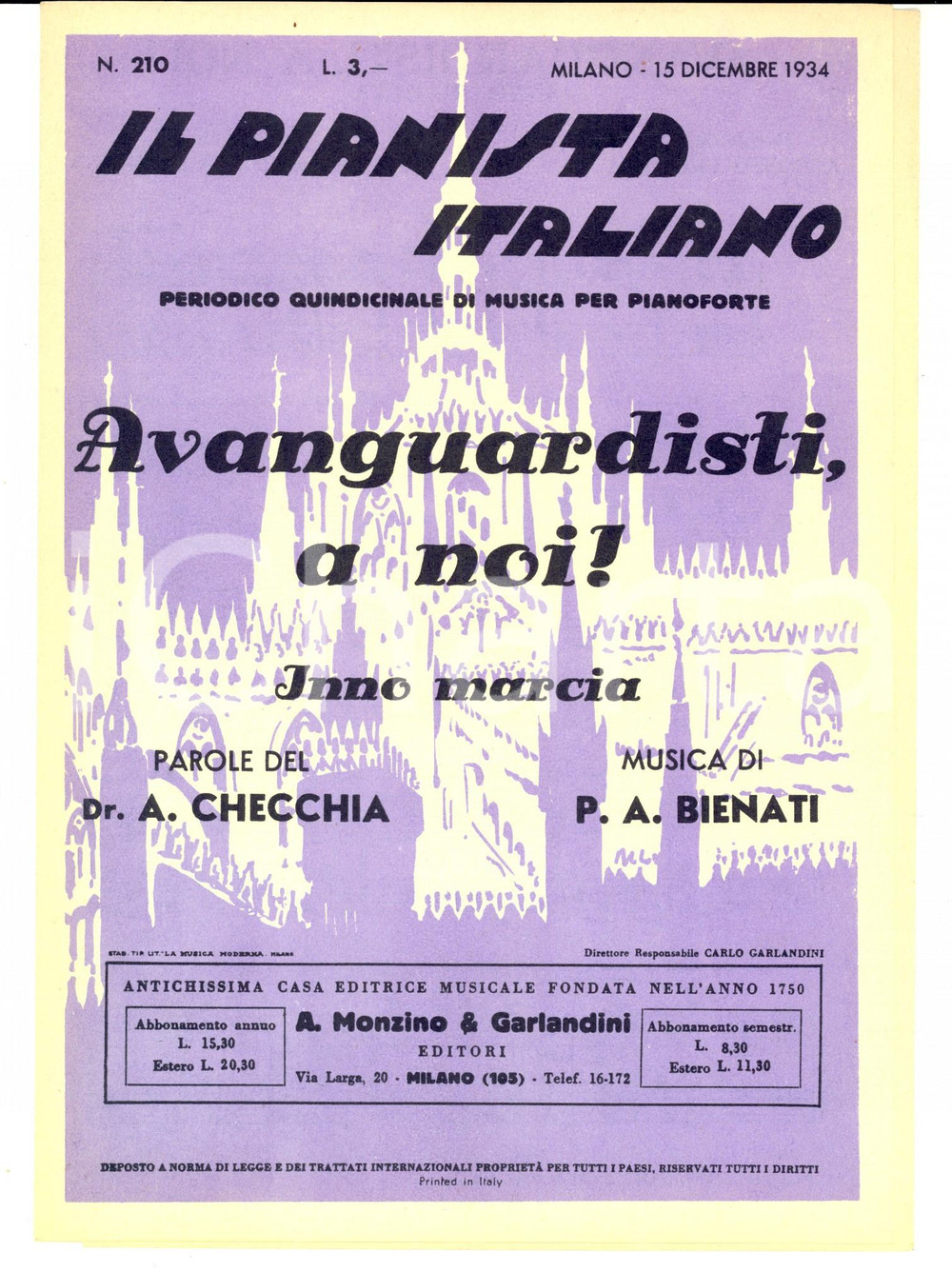 Oggetto da collezione cartaceo 1934 A. CHIECCHIA P. A. BIENATI Avanguardisti, a noi!  Inno marcia Spartito 1