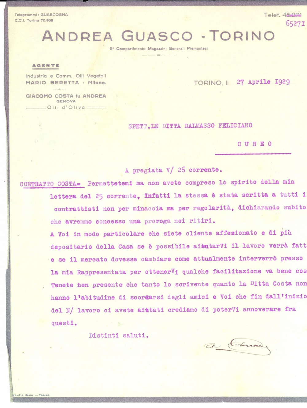 Documento originale, autentico 1929 TORINO Ditta Andrea GUASCO su ritiri Giacomo COSTA Olii d oliva Lettera 1