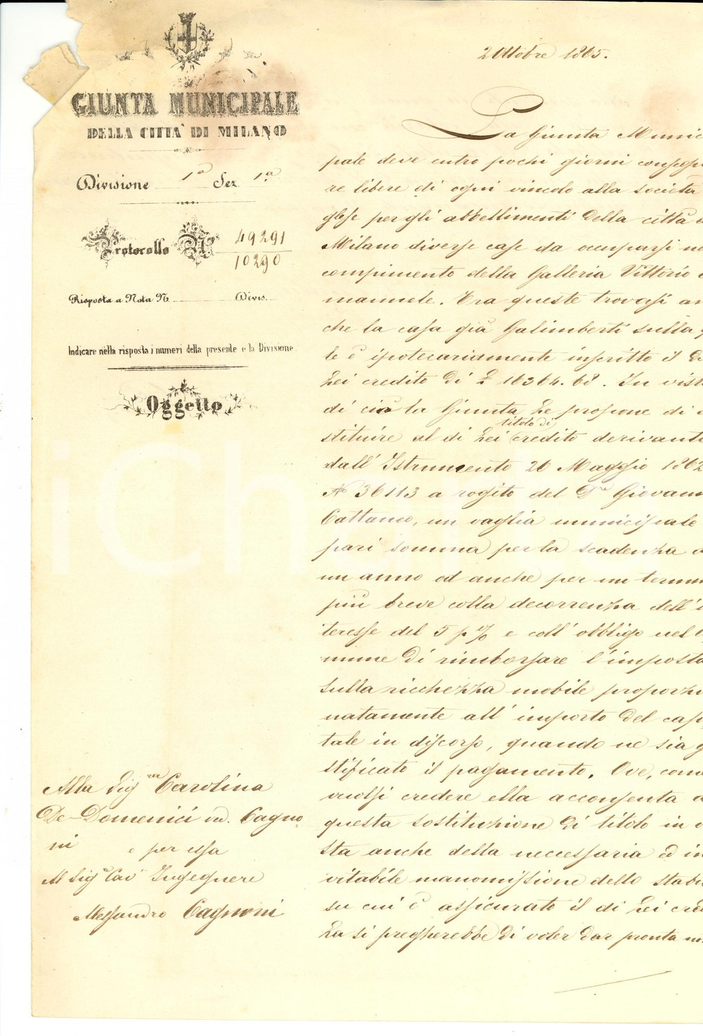 Documento originale, autentico 1865 MILANO Concessione case nella nuova Galleria VITTORIO EMANUELE II 1