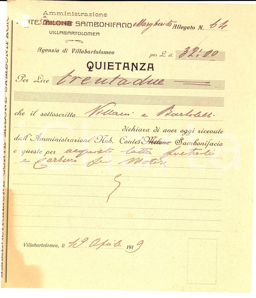 Documento originale, autentico 1919 VILLABARTOLOMEA (VR) Petrolio e carburo per contessa MILONE SAN BONIFACIO 1