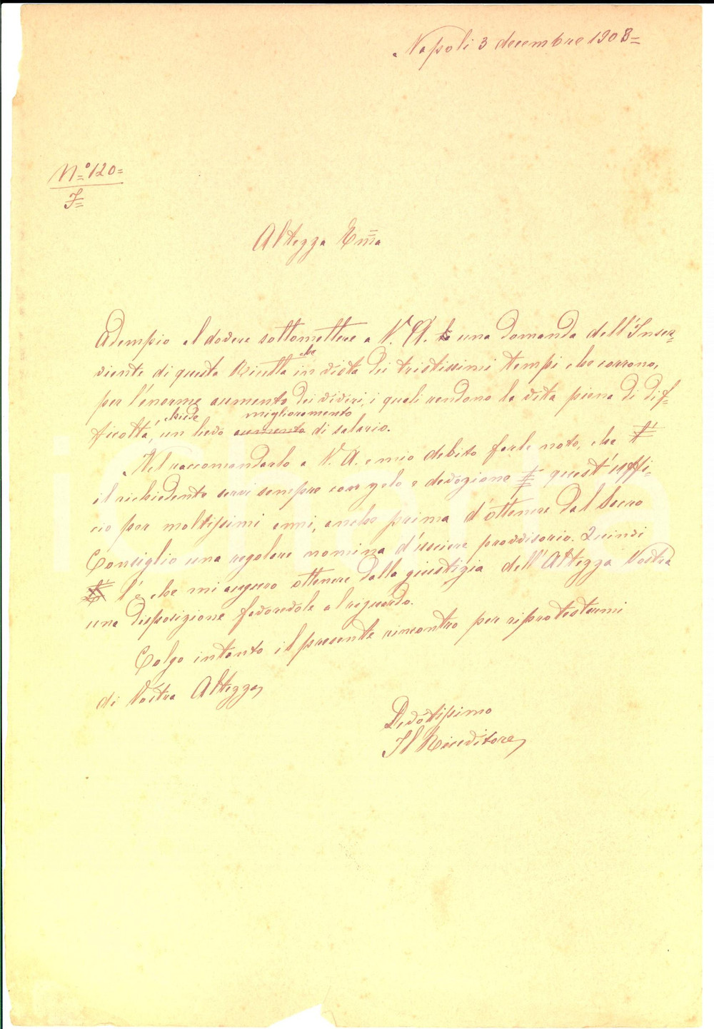 Manoscritto, lettera originale 1903 NAPOLI Supplica di un inserviente nei tristissimi tempi che corrono 1