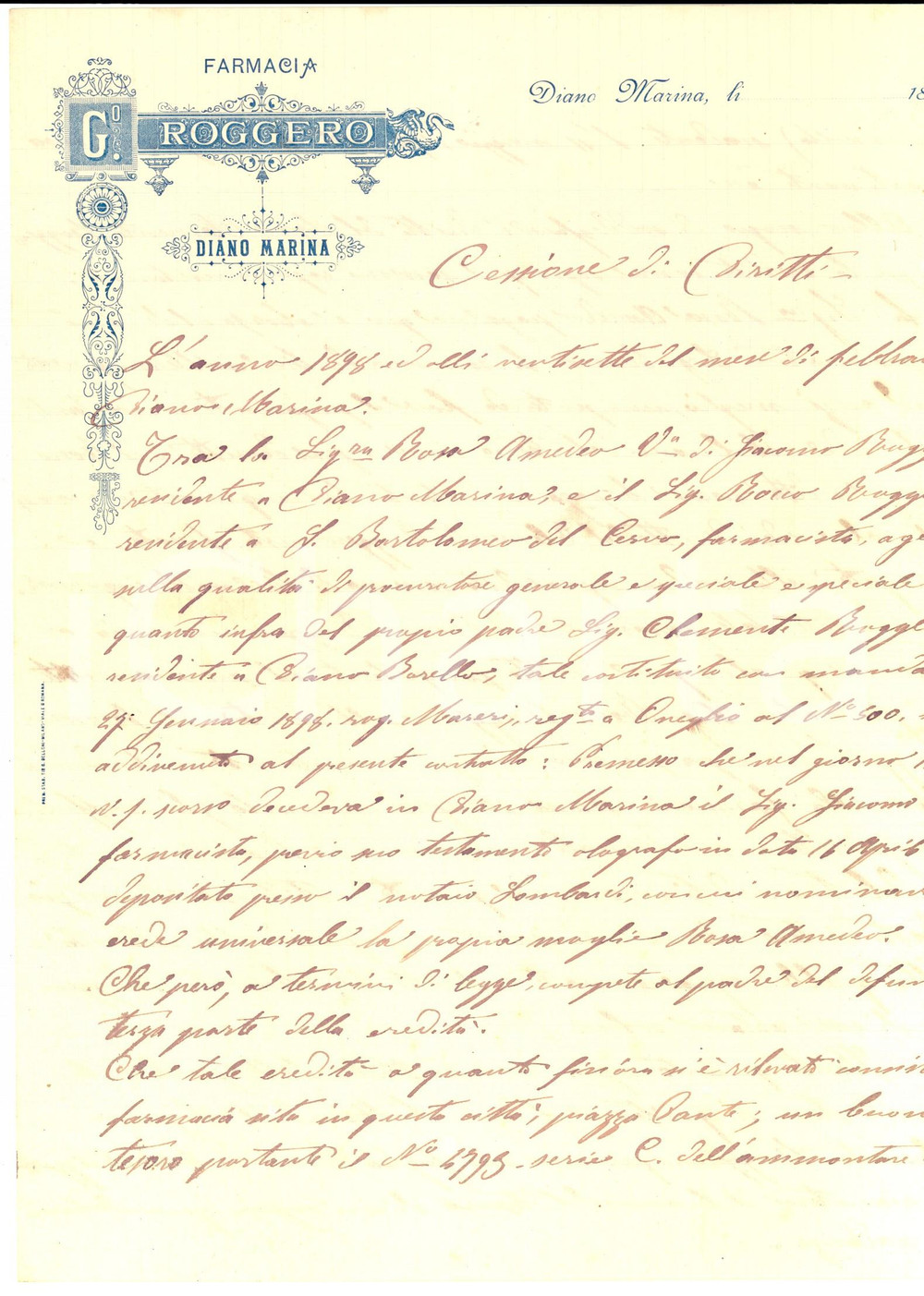 Documento originale, autentico 1890 ca DIANO MARINA Cessione diritti a Clemente ROGGERO su farmacia di famiglia 1