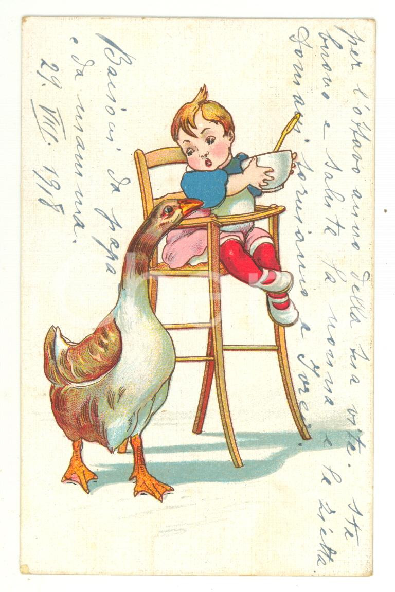 Cartolina originale da collezione 1918 VALMADONNA (AL) Oca ruba zuppa a bambino - FP VG 1