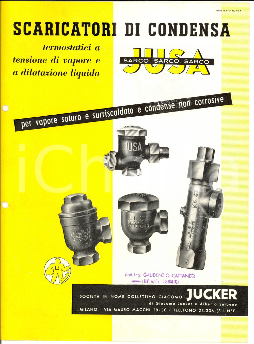 Materiale pubblicitario d’epoca 1950 ca MILANO Ditta JUCKER Scaricatori di condensa JUSA Pubblicitario 1