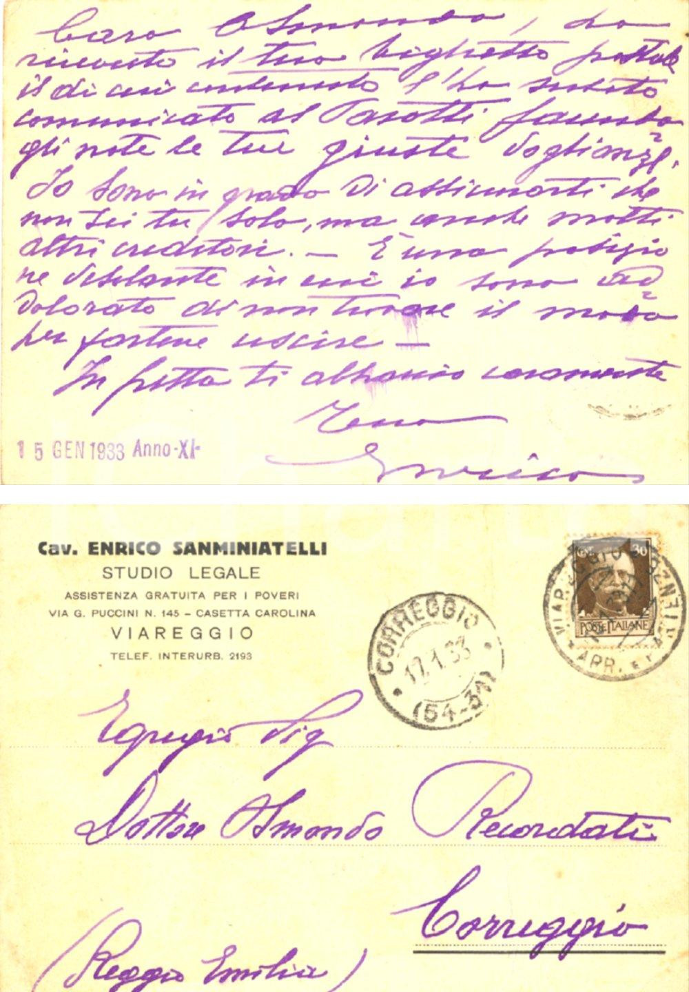 Autografo originale 1933 VIAREGGIO Cav. Enrico SANMINIATELLI a Edmondo RECORDATI Autografo FG VG 1