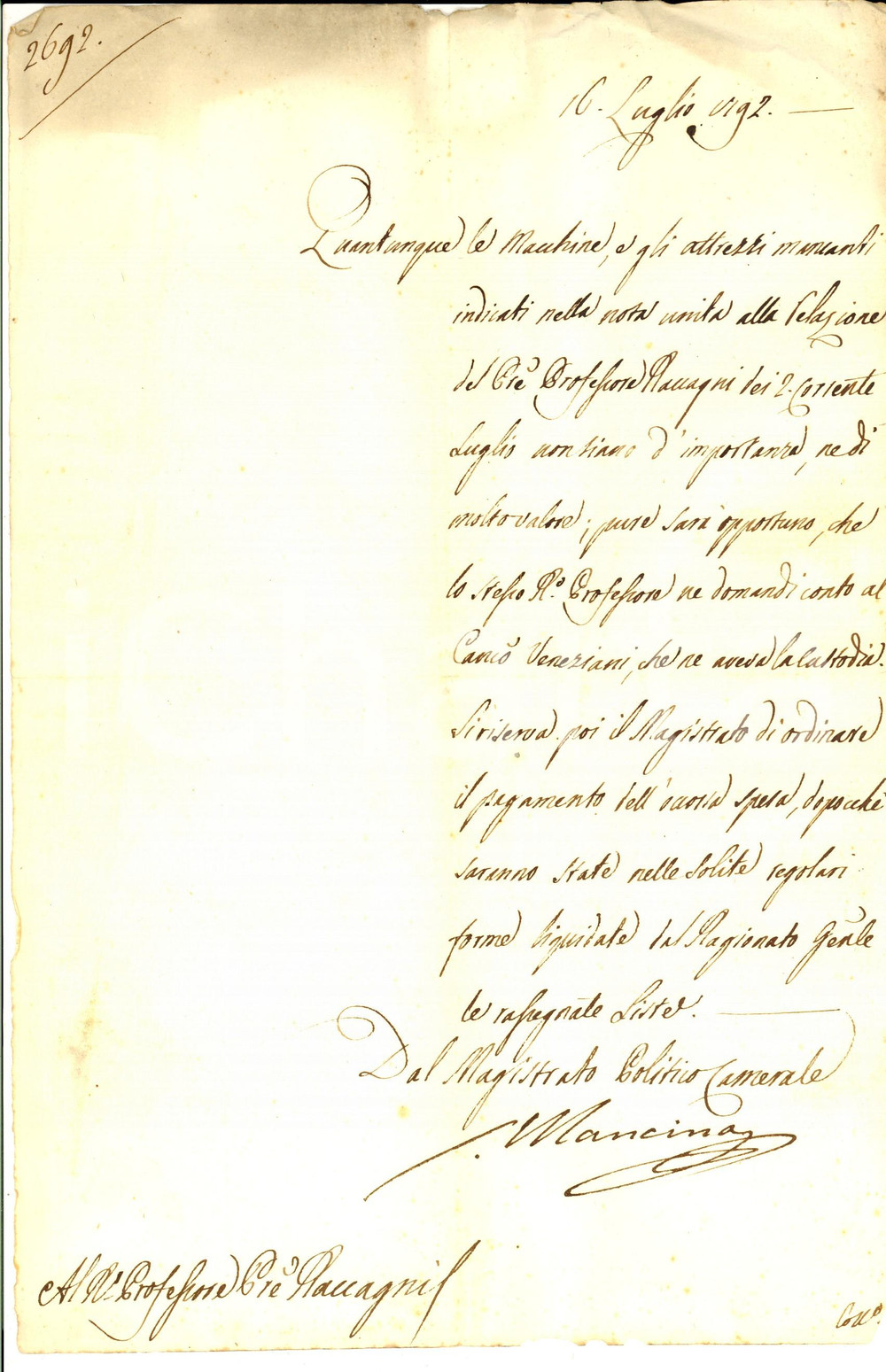 Documento originale, autentico 1792 MILANO Ginnasio BRERA Giuseppe Maria RACCAGNI segnala macchine mancanti 1