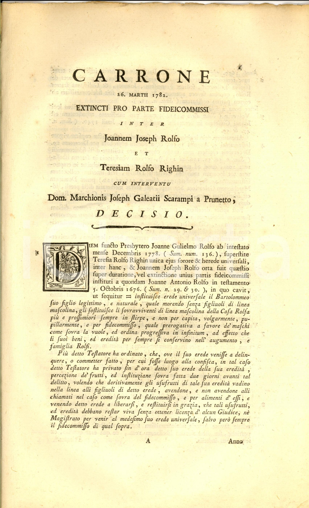 Documento originale, autentico 1782 VOLVERA TO Teresa ROLFI RIGHINI ottiene cascina in ereditÃ  dal fratello 1
