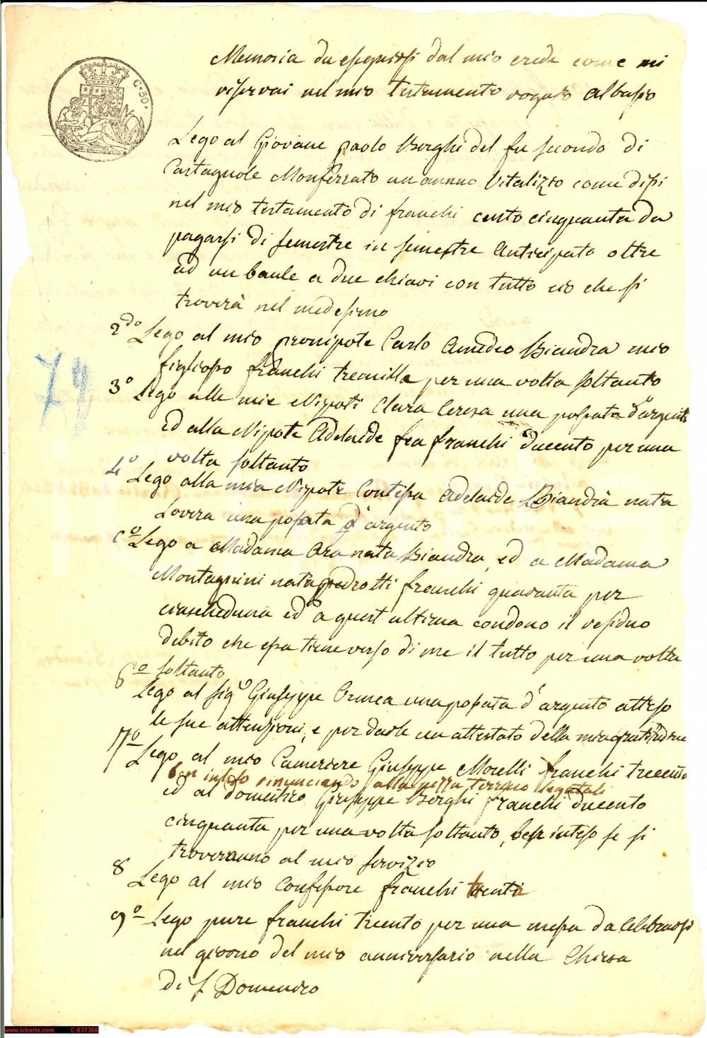 Documento originale, autentico 1828 TORINO Legati testamentari Carlo Amedeo BIANDRA' 1