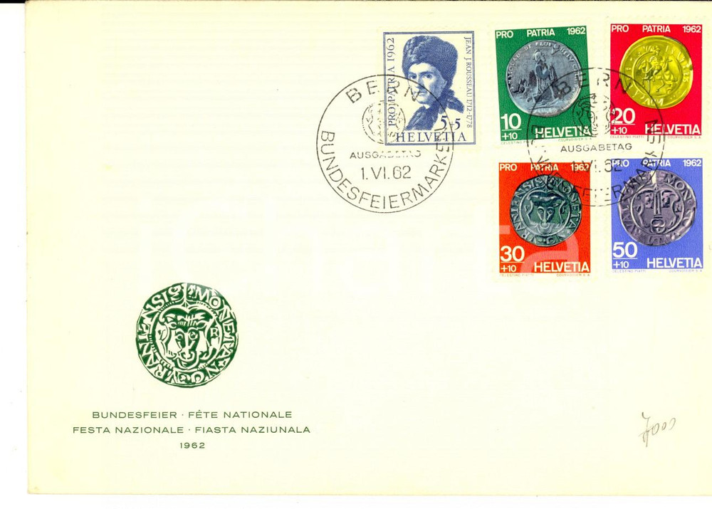Cartolina originale da collezione 1962 STORIA POSTALE BERNA SVIZZERA Busta FESTA NAZIONALE FDC 1