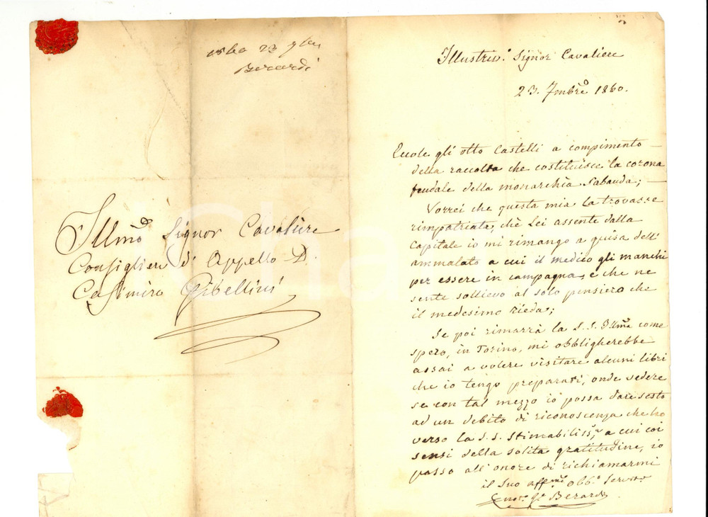 Manoscritto, lettera originale 1860 ROMA Giuseppe BERARDI su corona feudale dei SAVOIA Autografo 1