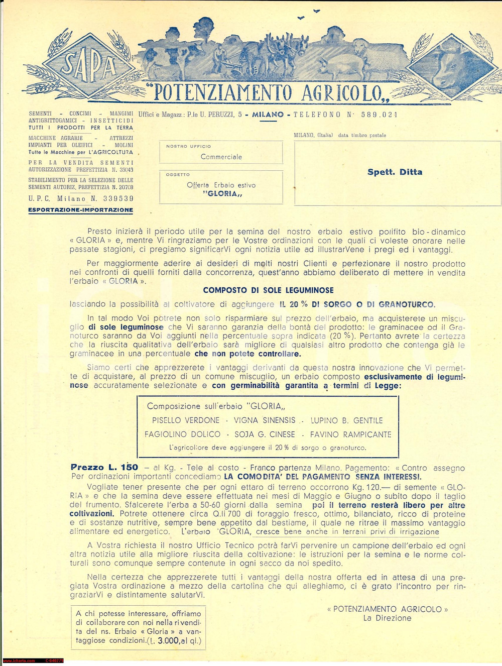 Materiale pubblicitario d’epoca 1952 MILANO Ditta SAPA Semina erbaio estivo GLORIA 1