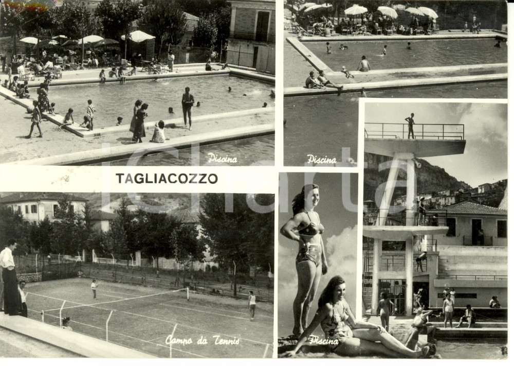 Cartolina originale da collezione 1957 TAGLIACOZZO AQ Vedutine piscina e campo da TENNIS Cartolina FG VG 1