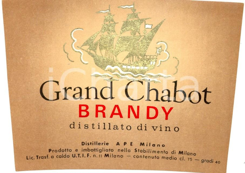 Materiale pubblicitario d’epoca 1970 ca MILANO GRAND CHABOT BRANDY Distilleria APE Etichetta ILLUSTRATA 1