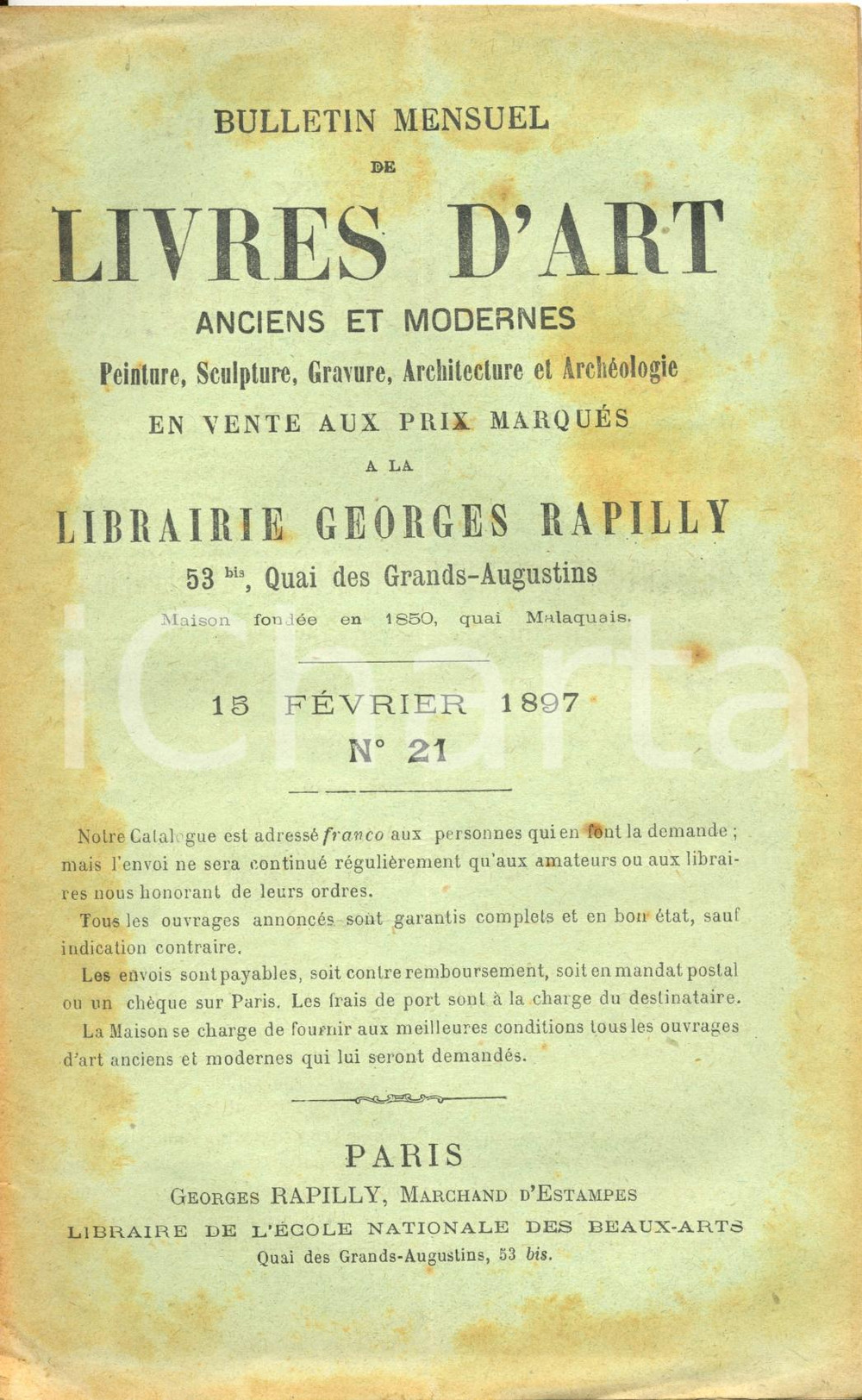 Libro, pubblicazione d epoca 1897 PARIS Librairie GEORGES RAPILLY Bulletin mensuel de LIVRES D ART nÂ° 21 1