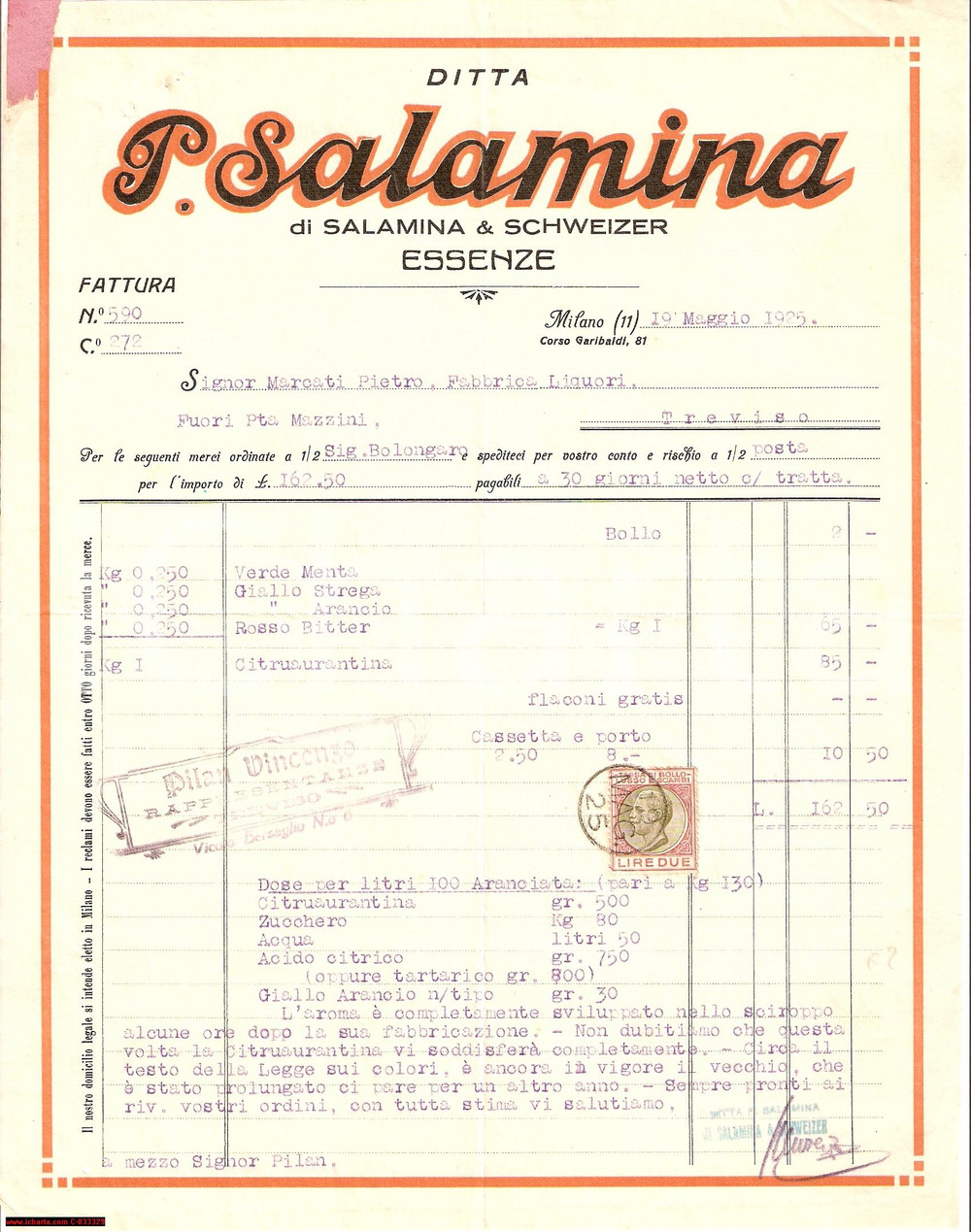 Documento originale, autentico 1925 MILANO Essenze SALAMINA Fattura commerciale su carta intestata 1