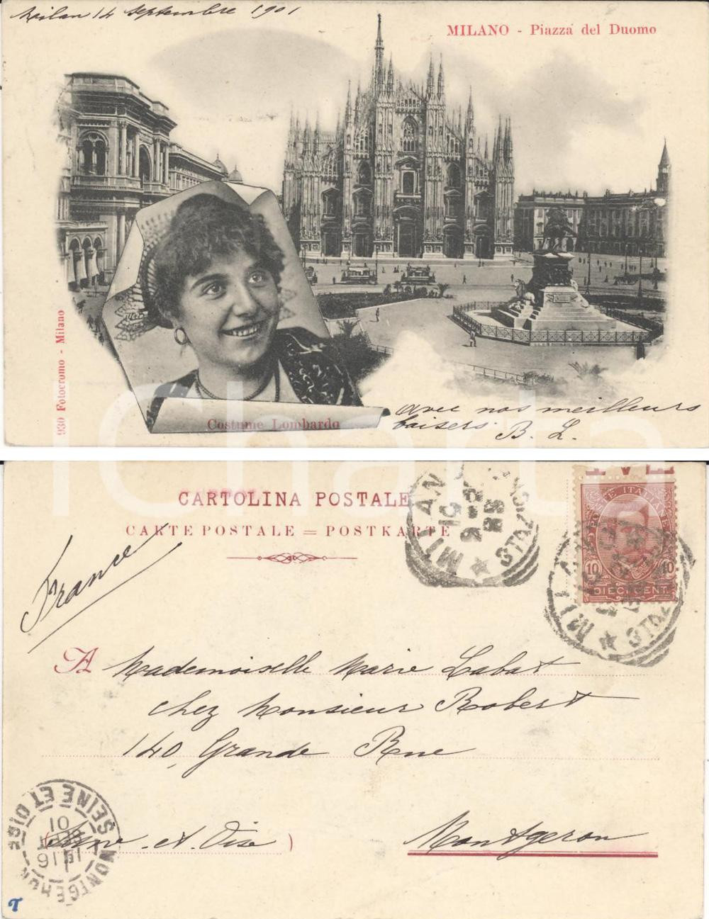 Cartolina originale da collezione 1901 MILANO Piazza DUOMO e costume tipico lombardo VG 1