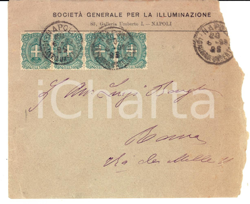 Cartolina originale da collezione 1885 STORIA POSTALE REGNO NAPOLI Striscia di 4 del 5 cent. su busta RARO 1