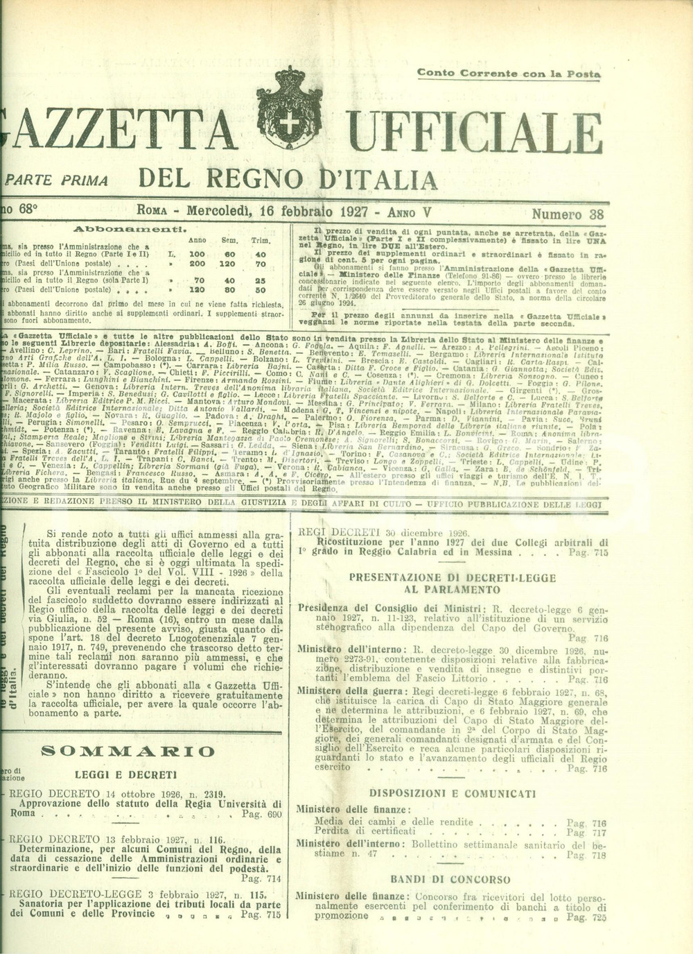 Documento originale, autentico 1927 GAZZETTA UFFICIALE DEL REGNO D ITALIA Statuto Regia UniversitÃ  di ROMA 1