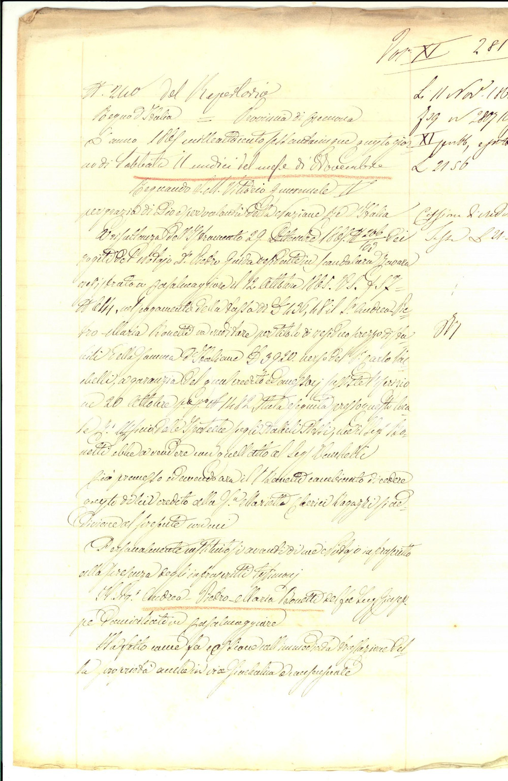 Documento originale, autentico 1875 CASALMAGGIORE Cessione credito Andrea BONETTI a Marietta CLERICI BAGUZZI 1