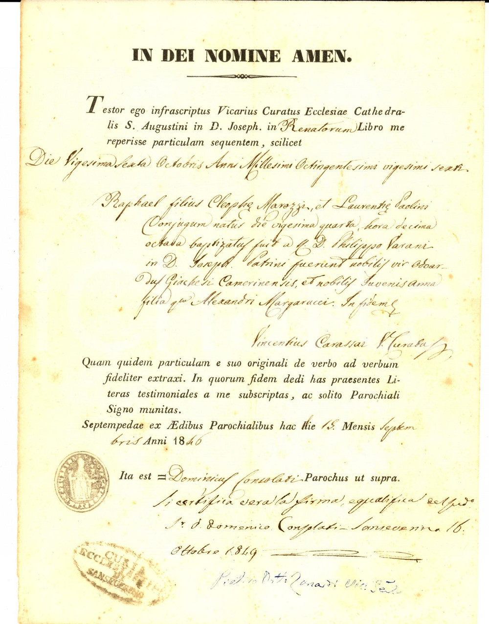 Documento originale, autentico 1846 SAN SEVERINO MARCHE MC Fede di battesimo per docente Raffaele MAROZZI 1